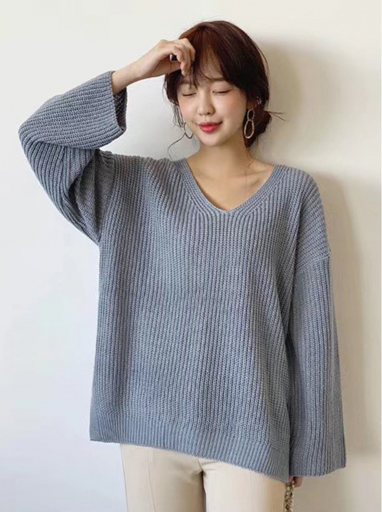 【正韓】V領針織上衣-藍