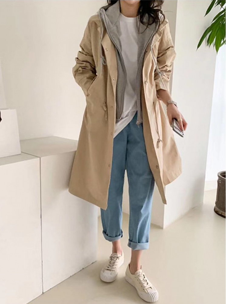 【正韓】連帽假兩件風衣-卡其