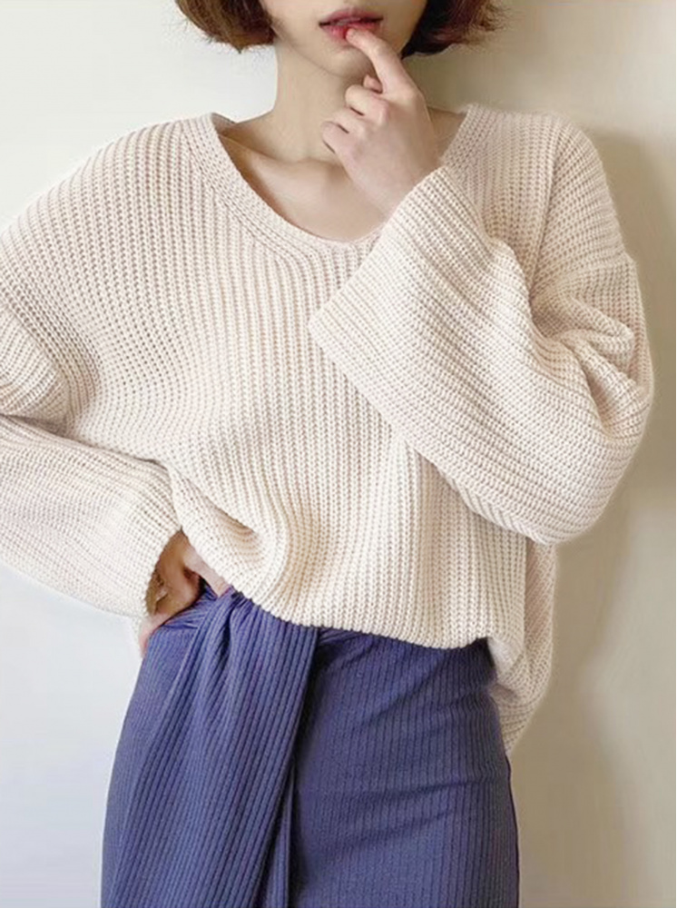 【正韓】V領針織上衣-杏