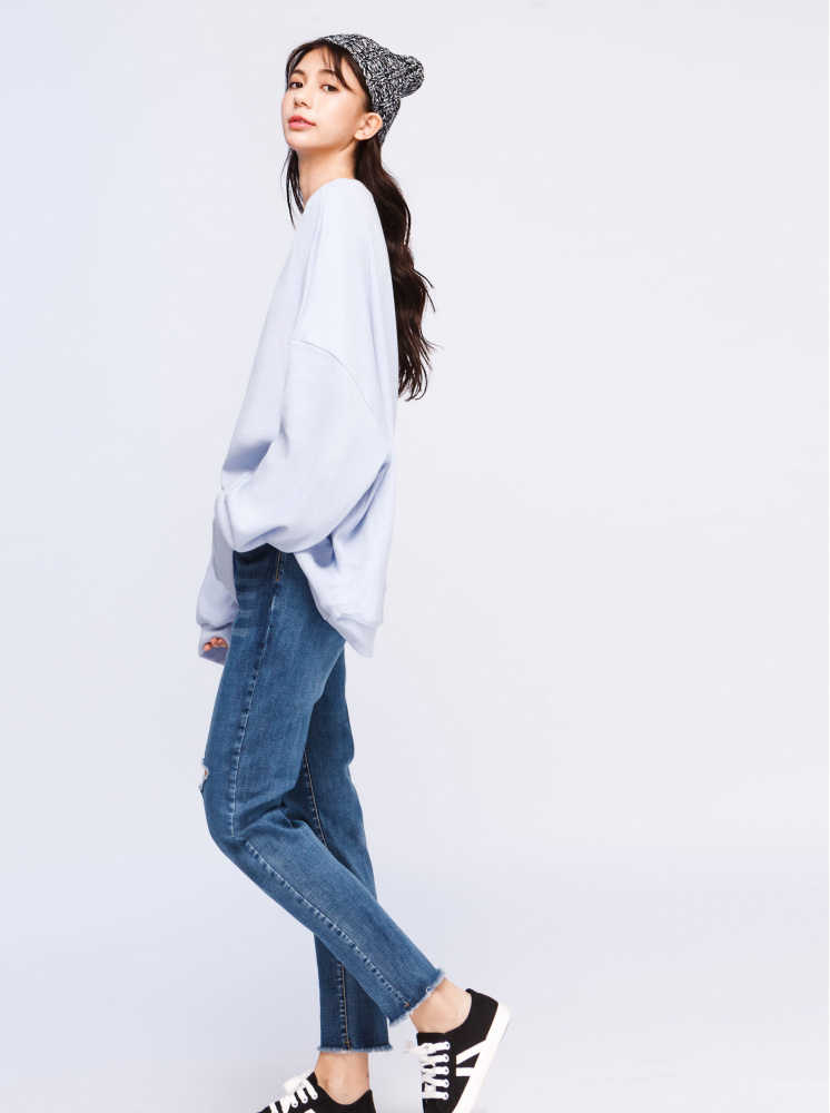 【正韓】純棉落肩寬版T-藍