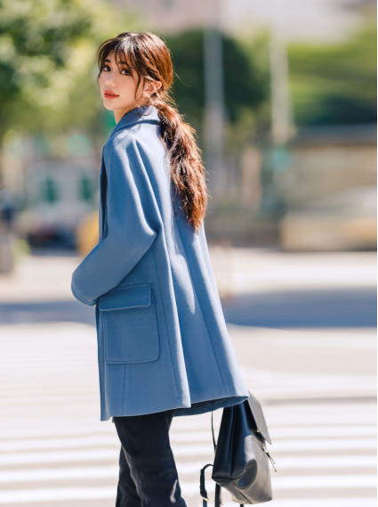 寬鬆大口袋毛呢外套-灰藍