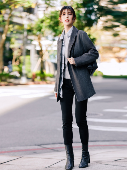 翻領腰綁帶毛呢大衣-深灰