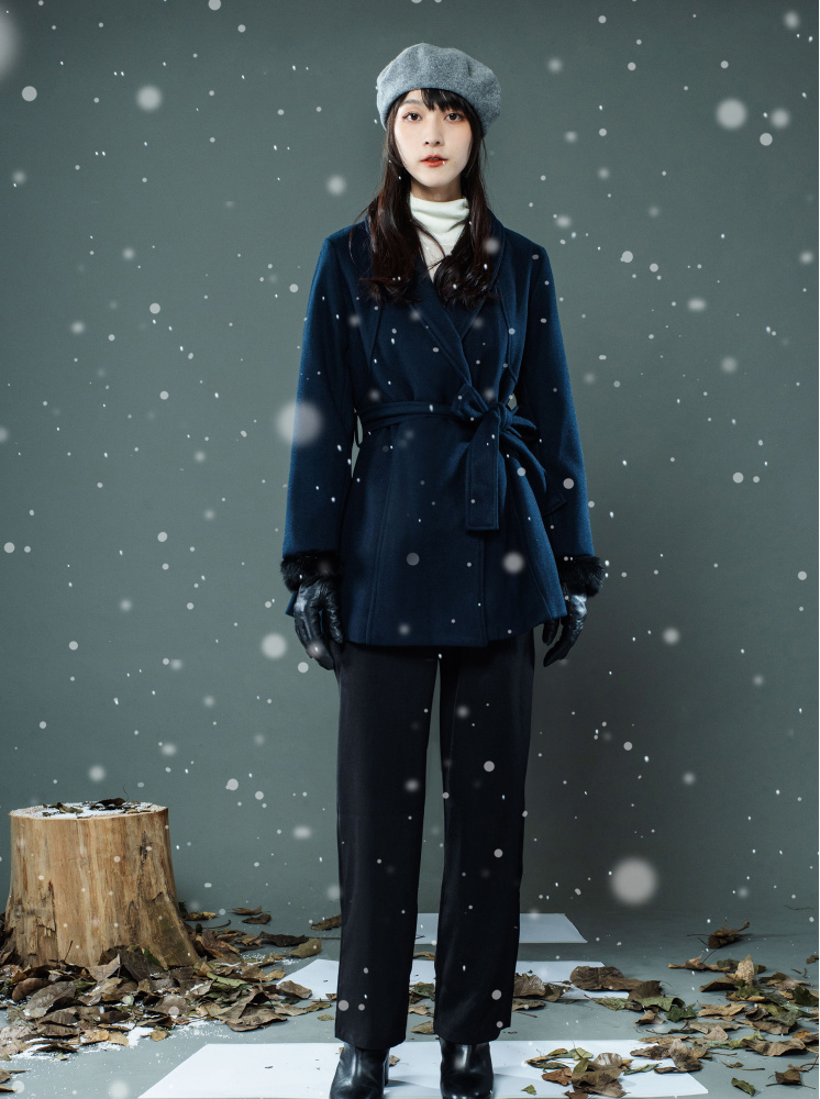 翻領腰綁帶毛呢大衣-深藍